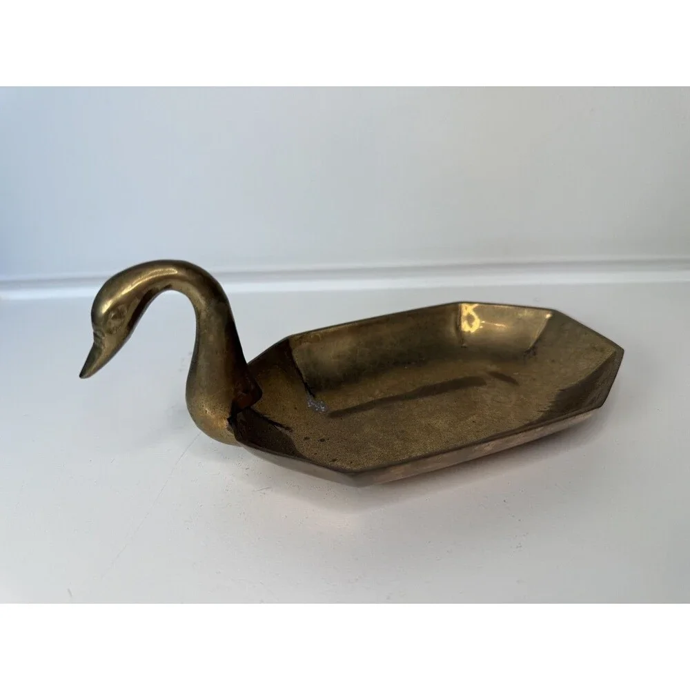Vintage Brass Swan Trinket Dish Mid Century Modern Octagonal Bowl